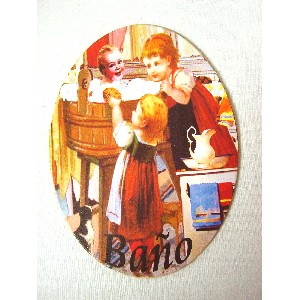 PLACA MADERA OVAL BAÑO NIÑOS ANTIGUO