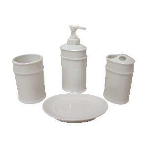 JUEGO BAÑO 4 PIEZAS ESTRIAS PORCELANA BLANCO