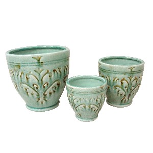 JUEGO 3 MACETAS CERAMICA RELIEVE VERDE