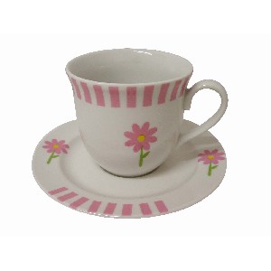 TAZA Y PLATO TE RAYAS MARGARITA ROSA