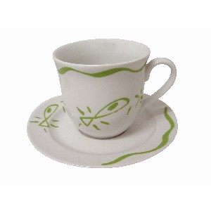TAZA Y PLATO TE 250ML OLAS PECES VERDE