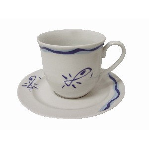 TAZA Y PLATO TE 250ML OLAS PECES AZUL