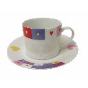 TAZA Y PLATO TE PORCELANA CORAZON COLORES