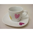 TAZA Y PLATO CAFE 75ML CORAZON COLORES