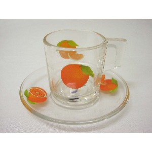 TAZA Y PLATO CRISTAL 120ML NARANJAS